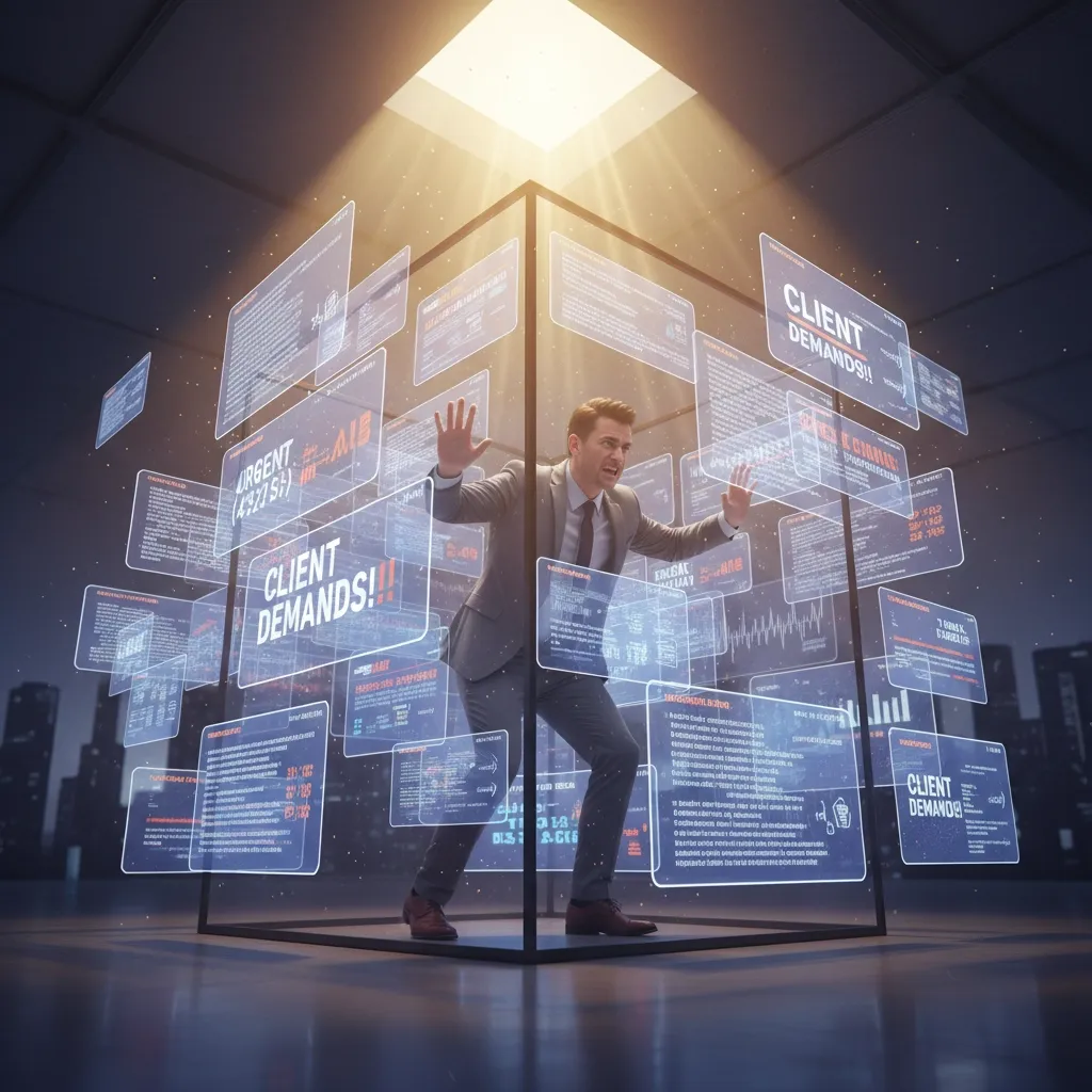 Agency owner surrounded by scaling systems